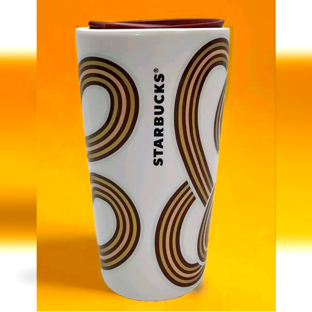 Starbucks 2024 Fall White Gold Maroon Ribbon Ceramic 12 oz Tumbler